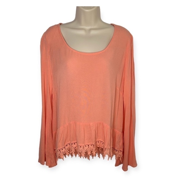 Blu Pepper Coral Boho Long Sleeve Round Neck Embroidered Hem Top Size M - Picture 1 of 6